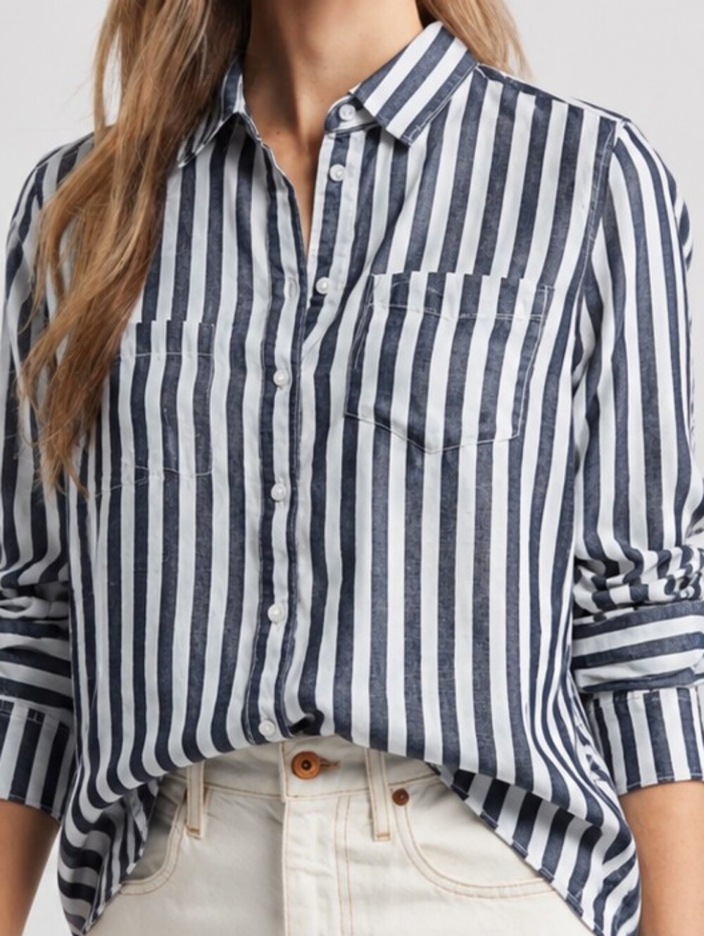 H&M LOGG Women's Blue & White Striped Button-Down Linen Blend Shirt